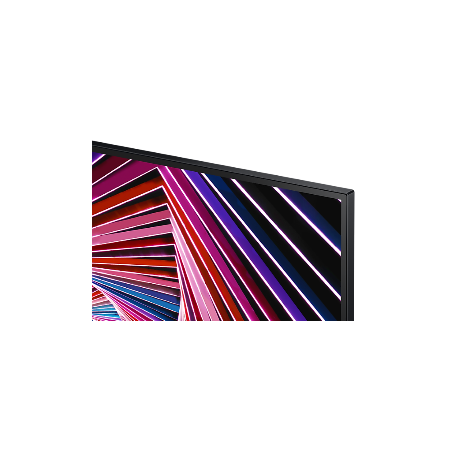 Primer plano de una pantalla de TV con líneas abstractas coloridas sobre fondo negro.