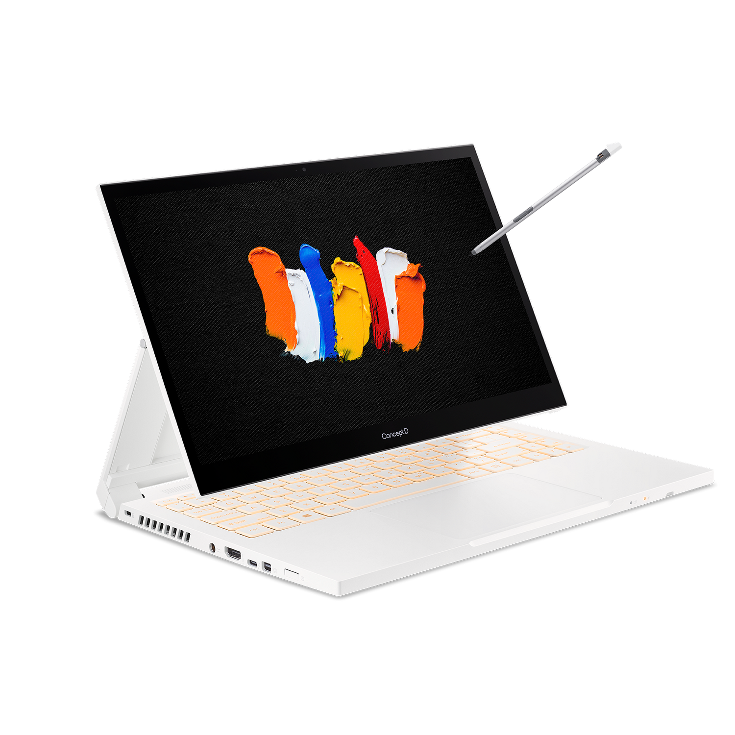 Ordenador portátil blanco con una pantalla de trazos de pintura coloridos y un lápiz óptico.