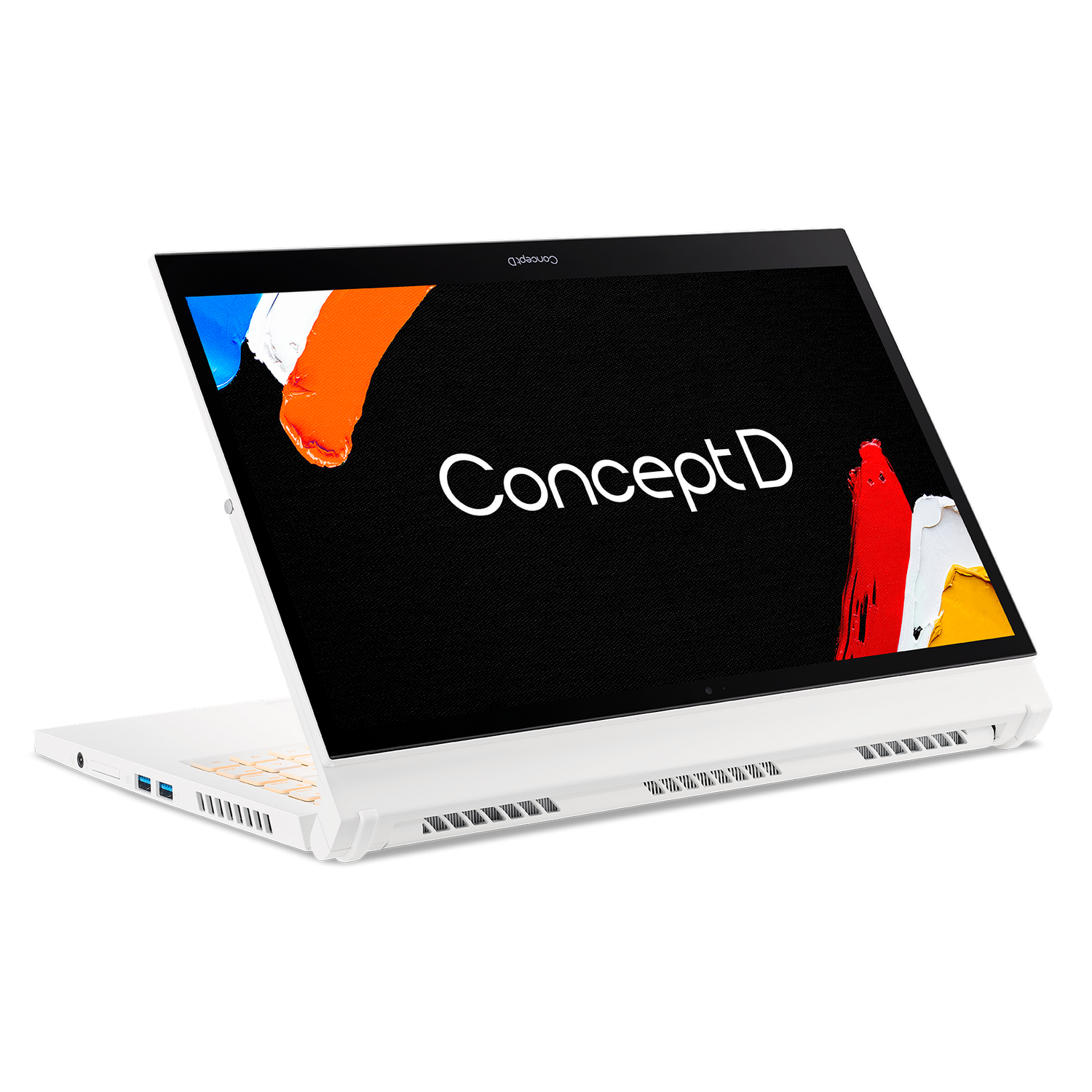 Portátil blanco abierto, la pantalla muestra 'ConceptD' y pinceladas coloridas.