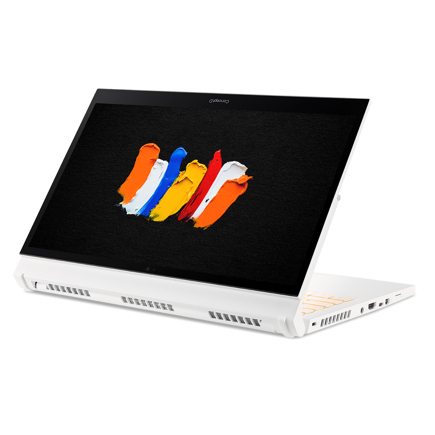 Un portátil blanco con una pantalla negra que muestra trazos de pintura coloridos.