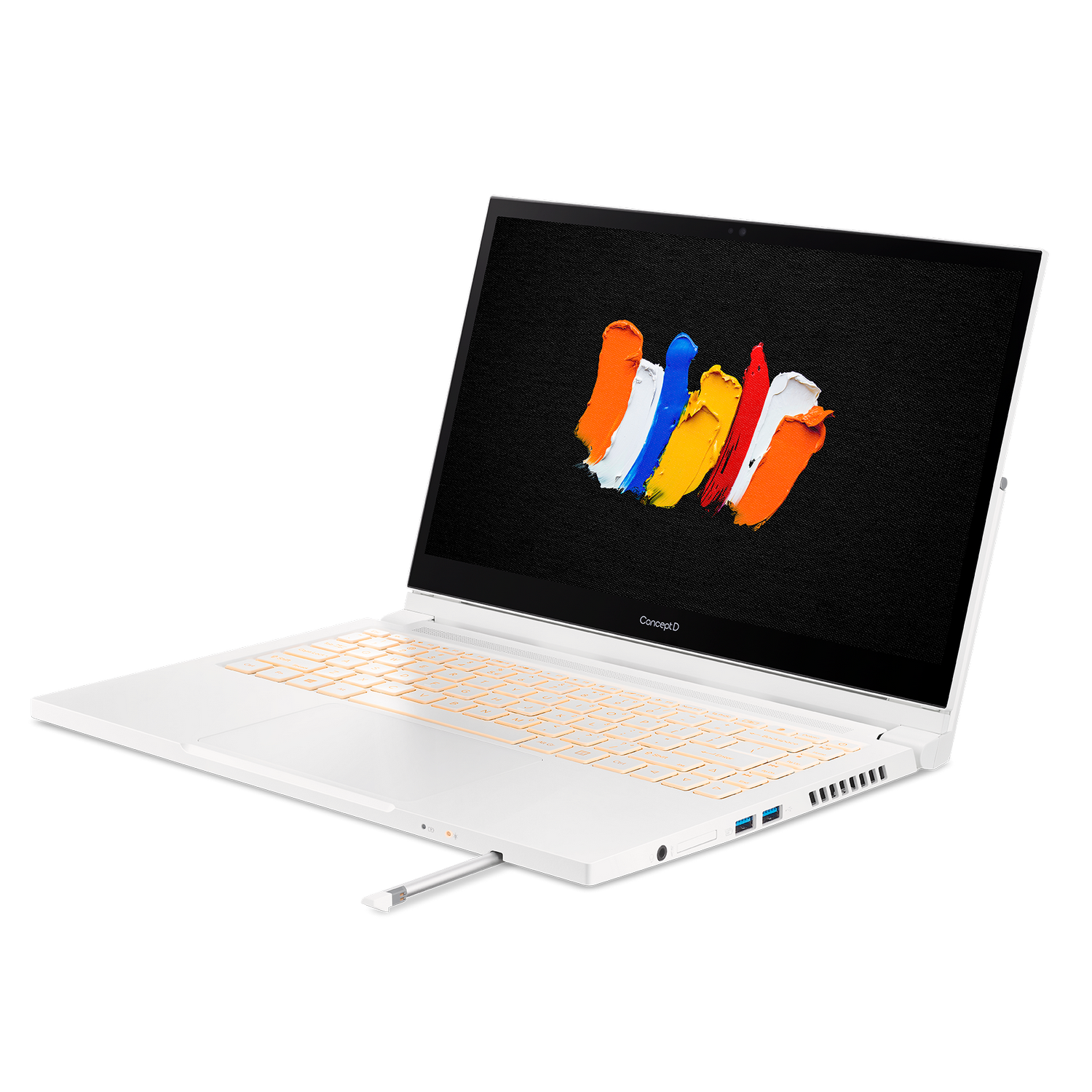 Portátil blanco con pantalla brillante que muestra trazos de pintura coloridos, sobre una superficie blanca.