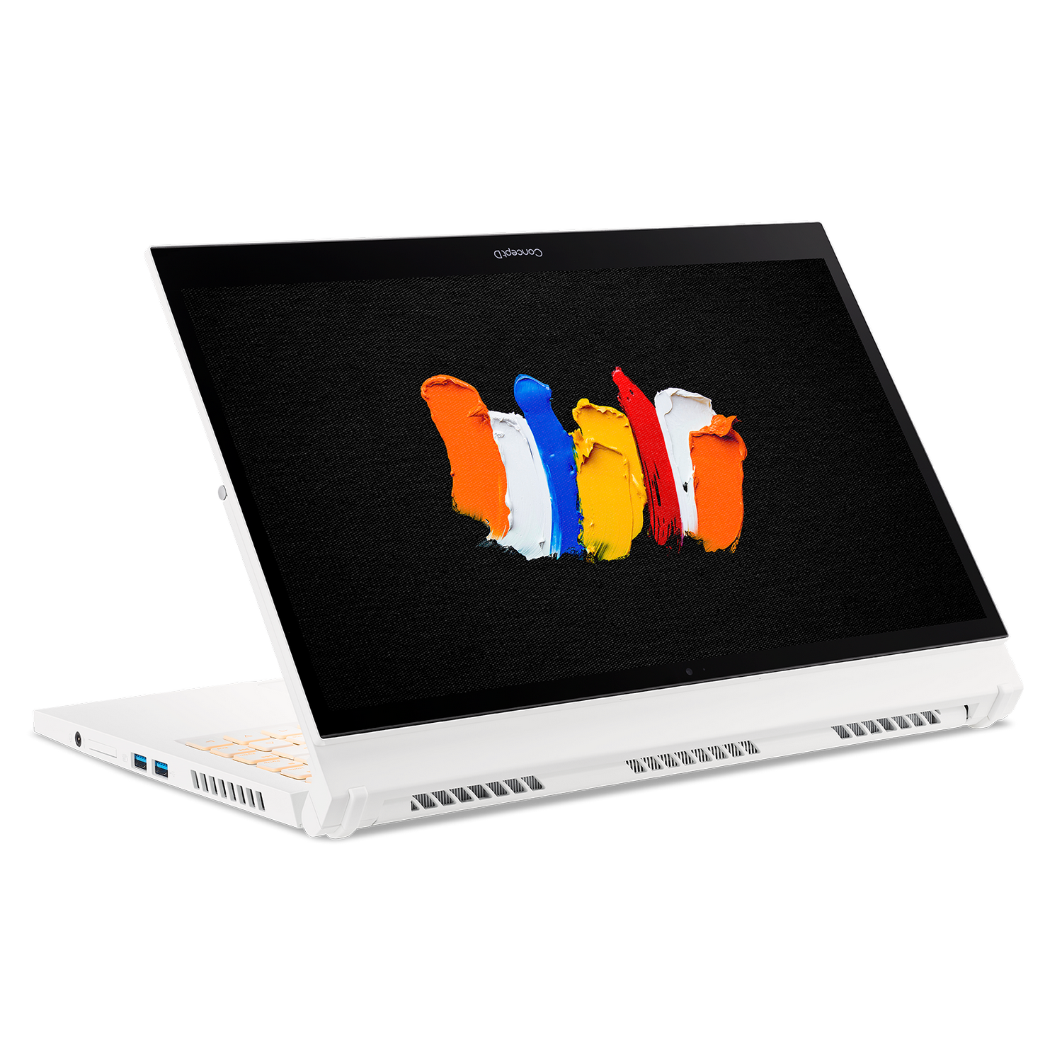 Laptop blanco con trazos de pintura coloridos en la pantalla, fondo negro. La pantalla está abierta.