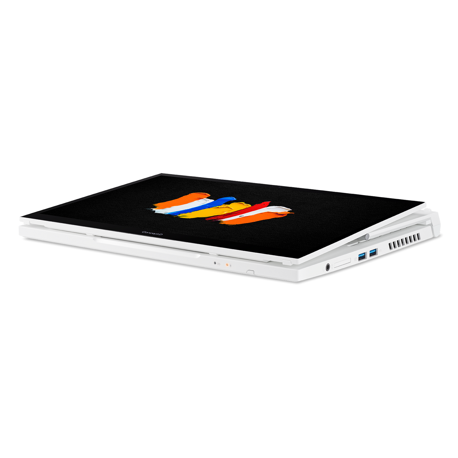 Laptop blanco cerrado, con trazos de pintura en la pantalla.