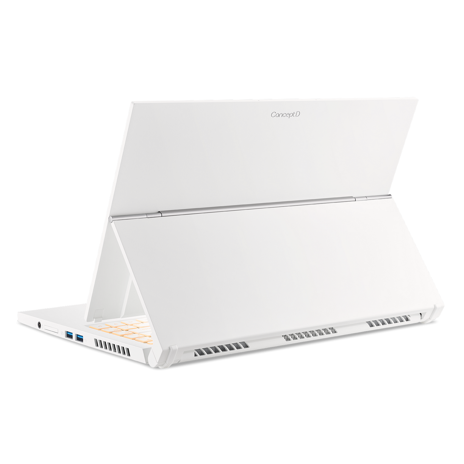 Ordenador portátil blanco con la pantalla abierta. El teclado es de color naranja claro, la parte trasera es blanca.