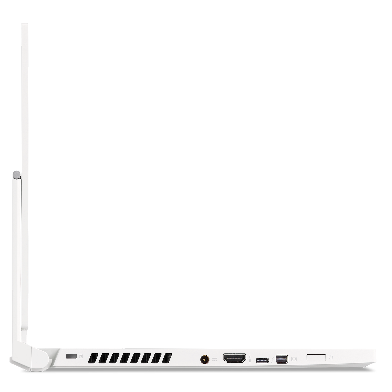 Vista lateral de una laptop blanca. La pantalla es negra, el marco es blanco. El lateral tiene puertos y ventilaciones.