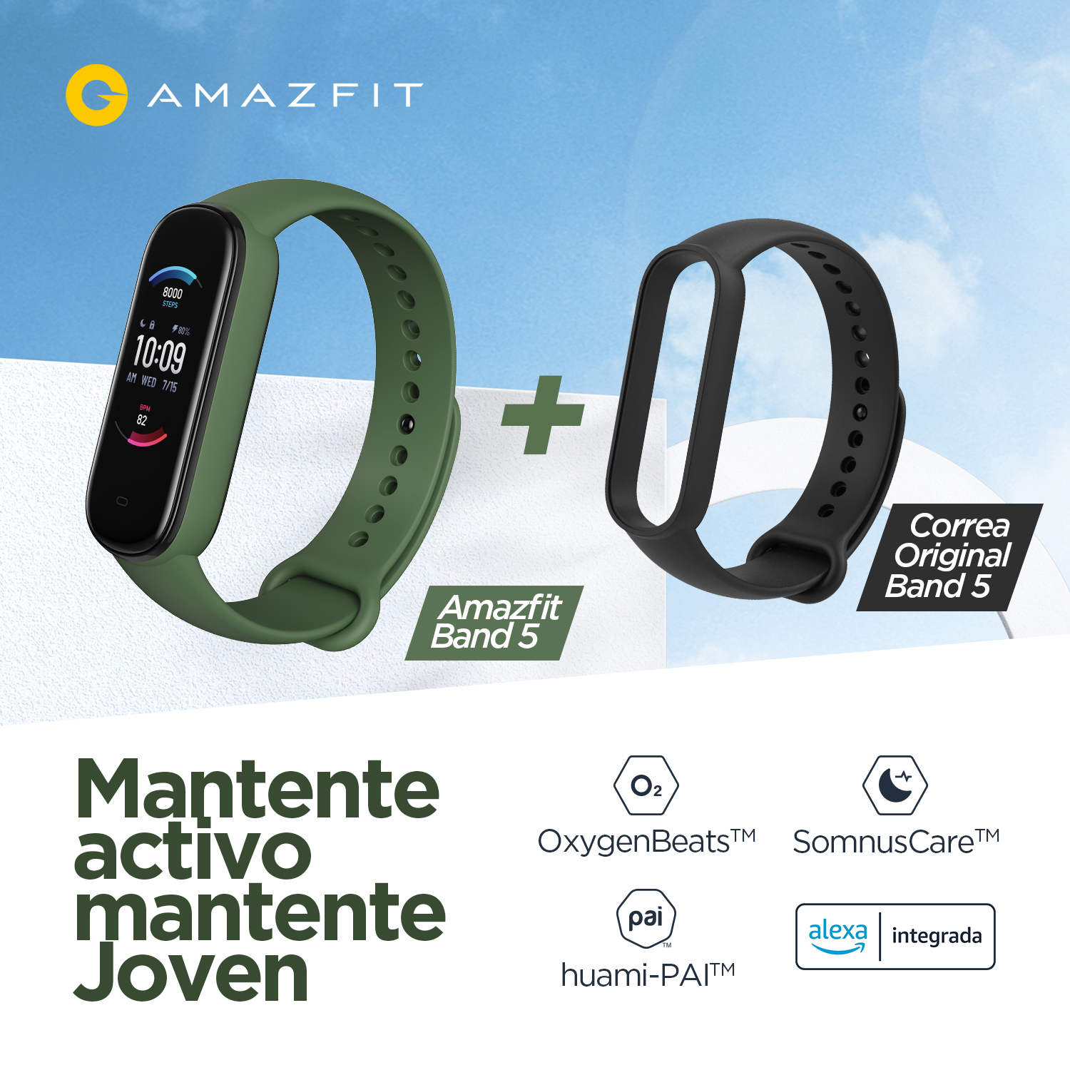 Pulsera de actividad Amazfit Band 5, 162 a 235 mm, BT ATM,  Verde Correa Band Negra