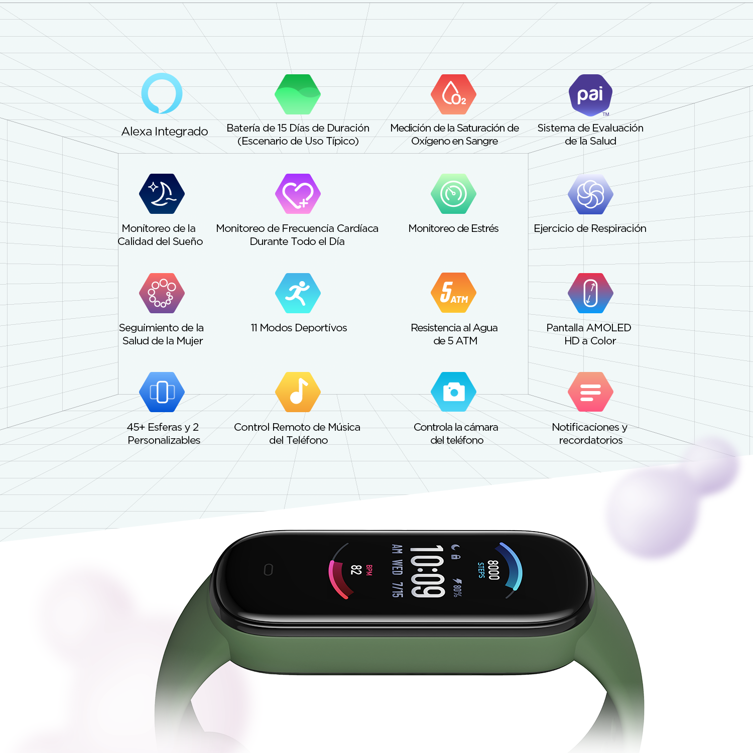 Pulsera de actividad - Amazfit  Band 5, 1.1", 162 a 235 mm, BT 5.0, 5 ATM, Verde + Correa Band 5 Negra