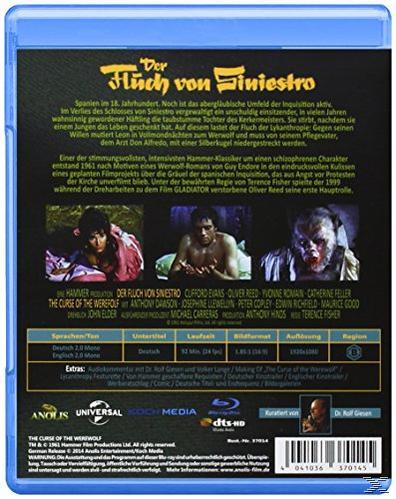 Blu-ray-Filmcover. Text auf Deutsch: 'Der Fluch von Sinistro'. Bilder des Films und der Schauspieler.