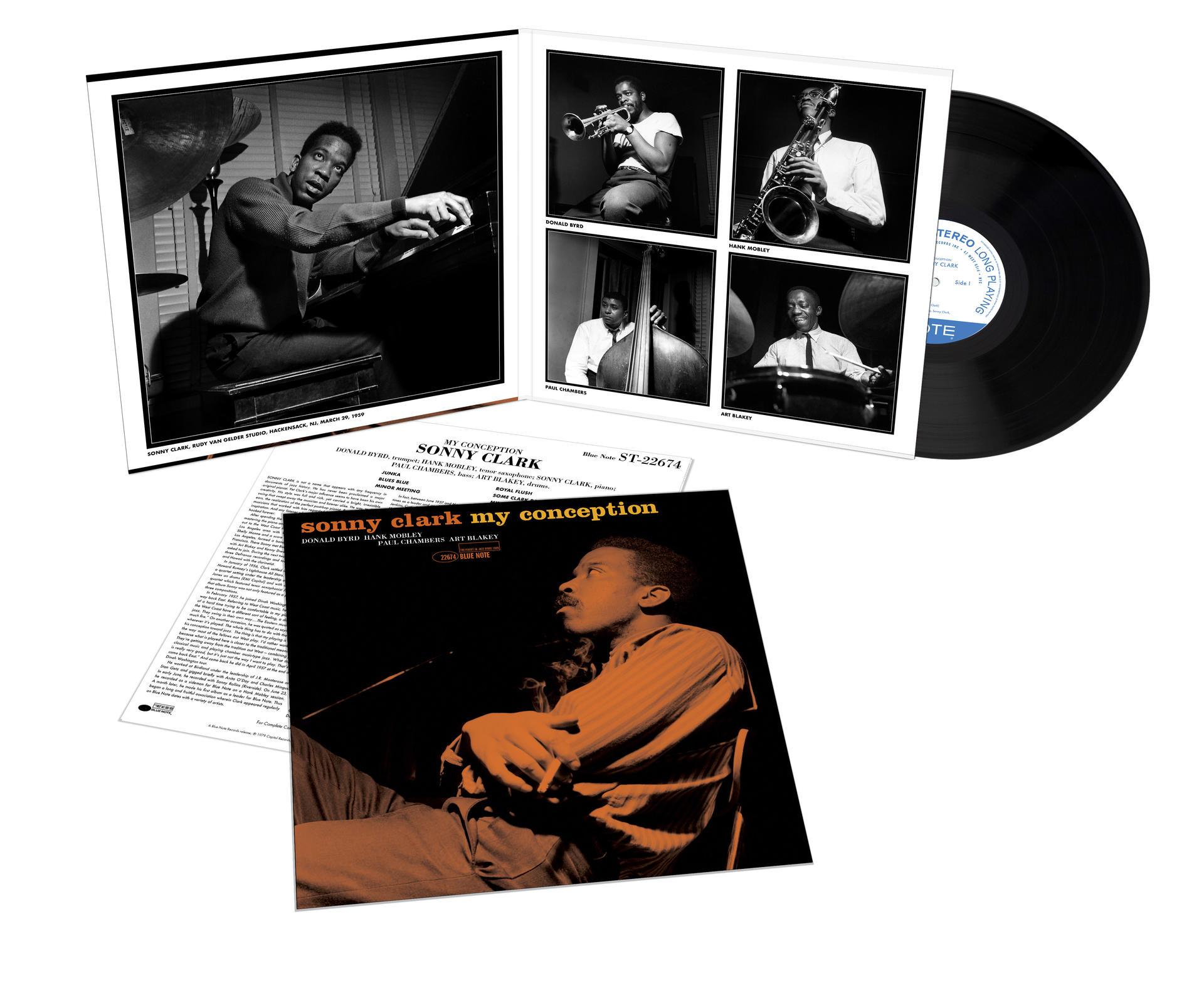 Sonny Clark 'My Conception' című albuma. Album borító fotókkal, bakelit lemezzel és fekete-fehér betétekkel.