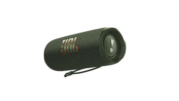 Grüner JBL-Lautsprecher auf weißem Hintergrund. Er ist zylindrisch mit dem JBL-Logo.