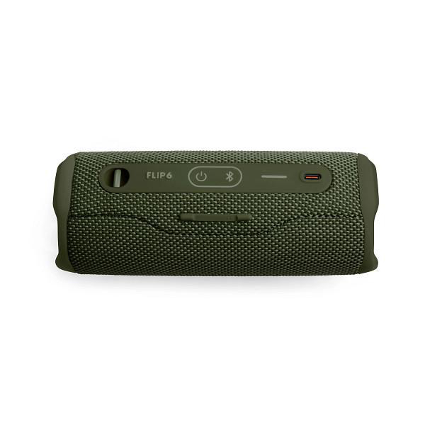 Grüner JBL Flip 6 Lautsprecher, Draufsicht, mit Knöpfen und Ladeanschluss.