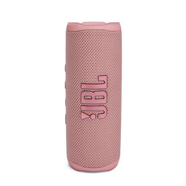 Ein rosa JBL-Lautsprecher. Er ist zylindrisch mit dem JBL-Logo in Weiß. Der Lautsprecher hat eine Stoffstruktur.