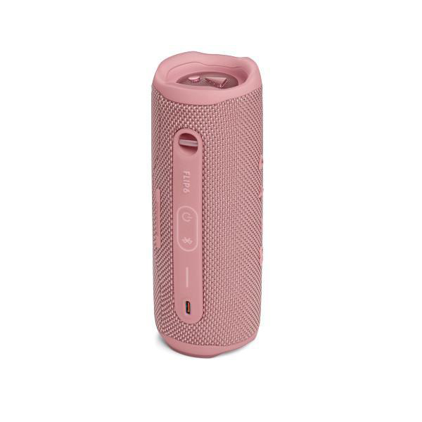 Ein rosa tragbarer Lautsprecher mit Knöpfen und einem Griff.
