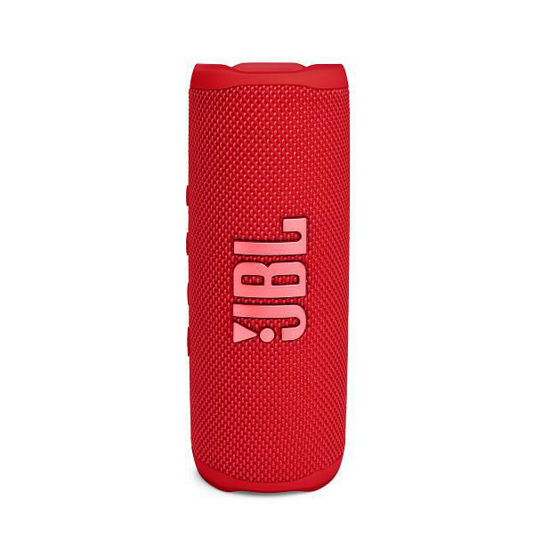 Roter JBL Flip 6 tragbarer Lautsprecher, aufrecht stehend.