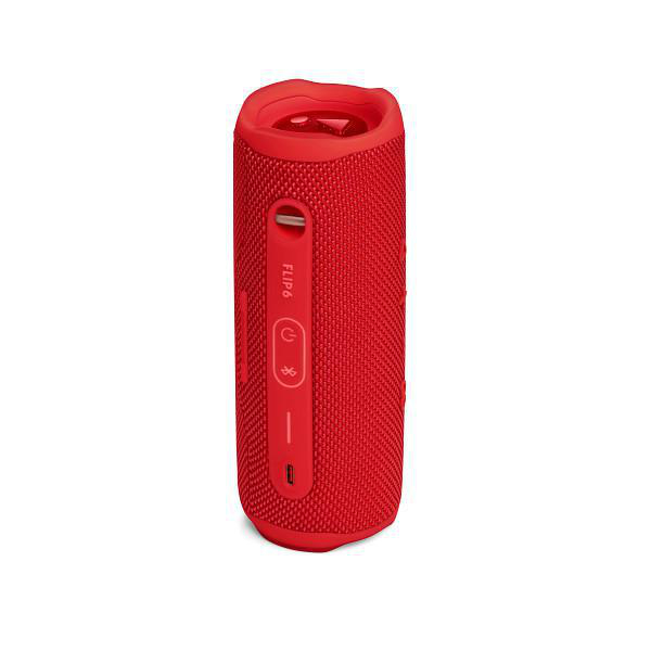 Roter tragbarer JBL Flip 6 Lautsprecher auf weißem Hintergrund.