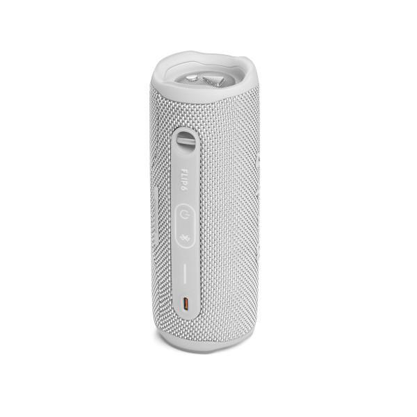 Silberner JBL Flip 6 Lautsprecher, zylindrisch, mit Bedienelementen, auf weißem Hintergrund.