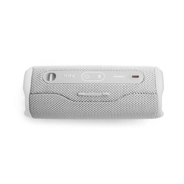 Weiß-grauer JBL Flip 6 Lautsprecher mit Bedienknöpfen.