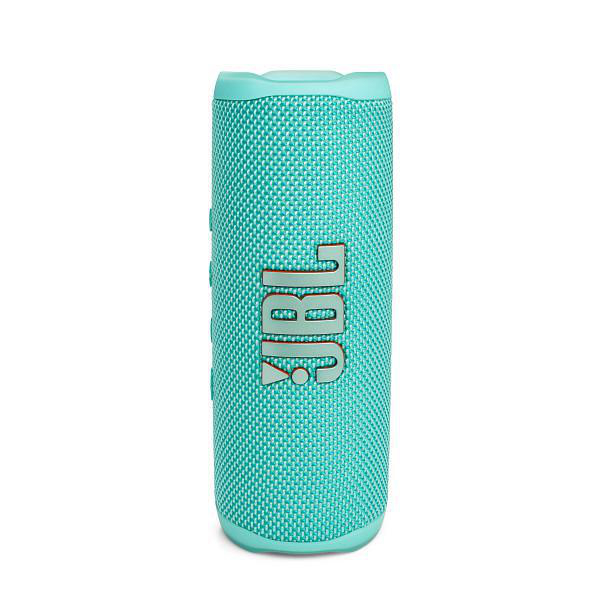 Türkisfarbener JBL-Lautsprecher mit JBL-Logo, zylindrisch.