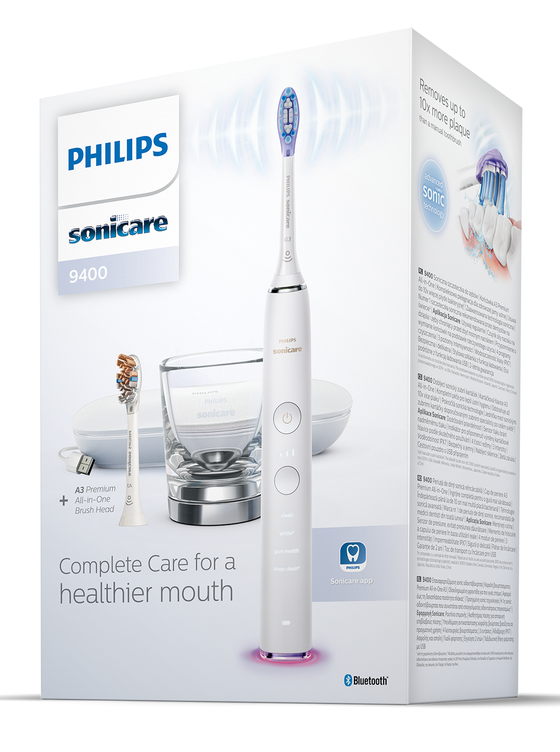 A white Philips Sonicare electric toothbrush box. Includes brush, charger, and a glass. Text: Complete Care for a healthier mouth.