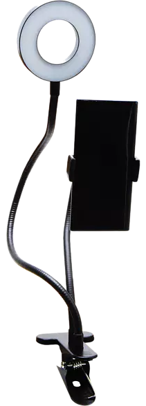 Une lampe annulaire avec un support de téléphone sur un bras flexible, monté sur une pince.