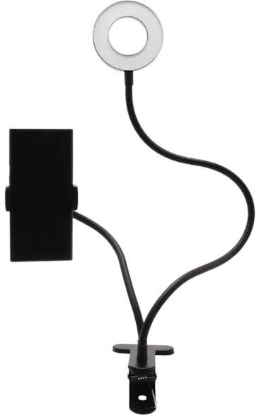 Une lampe annulaire noire avec un support de téléphone et un bras flexible, clipsé sur une surface.