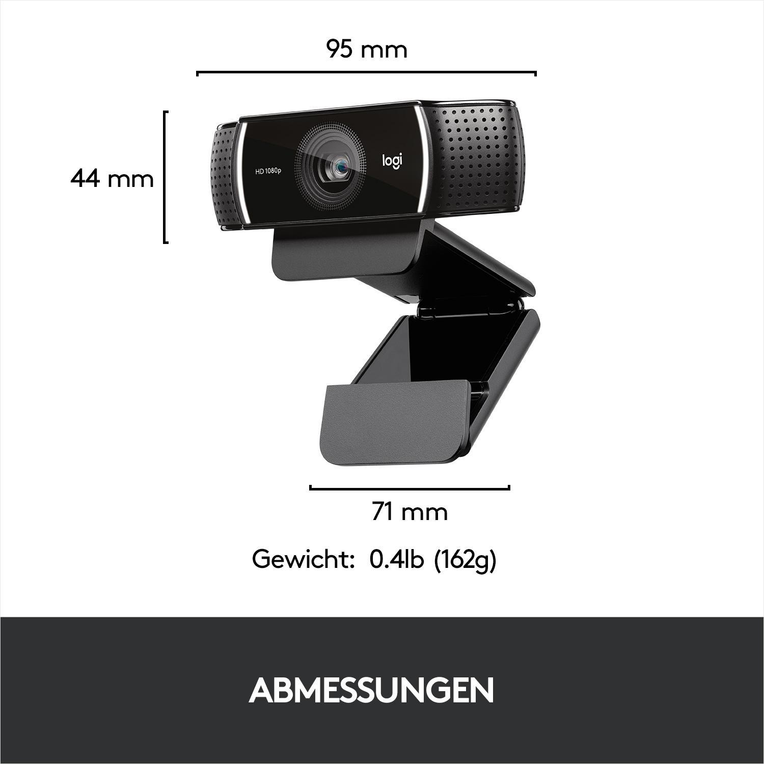 Webcam mit Maßangaben. Sie ist schwarz mit einem schwarzen Ständer.