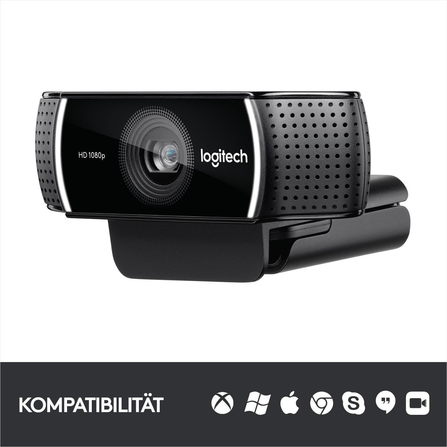 Schwarze Logitech Webcam mit HD 1080p. Logo und Kompatibilitätssymbole unten.