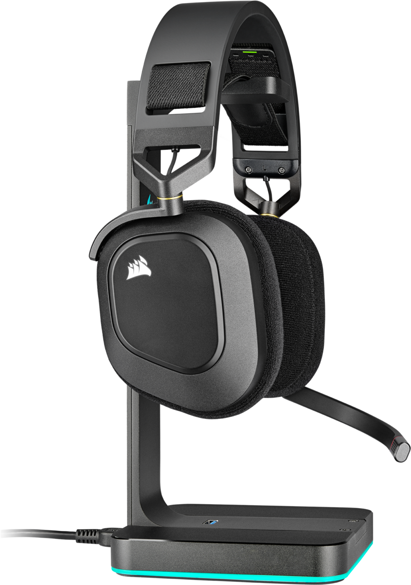 Schwarzes Corsair-Headset auf einem Ständer mit blauem Sockel, vor weißem Hintergrund.