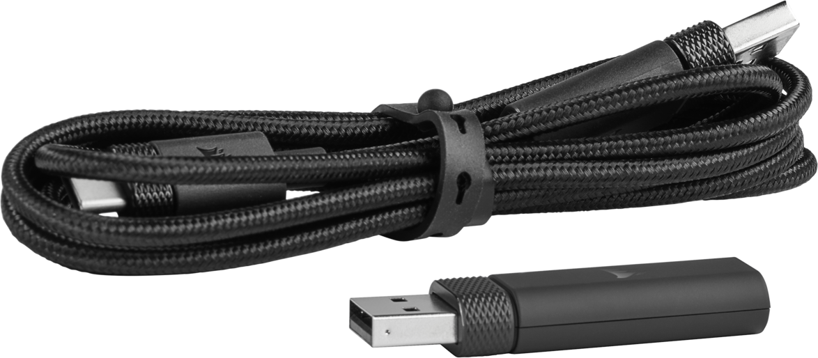 Schwarz geflochtenes USB-Kabel und USB-C-Kabel mit einem schwarzen USB-Empfänger.