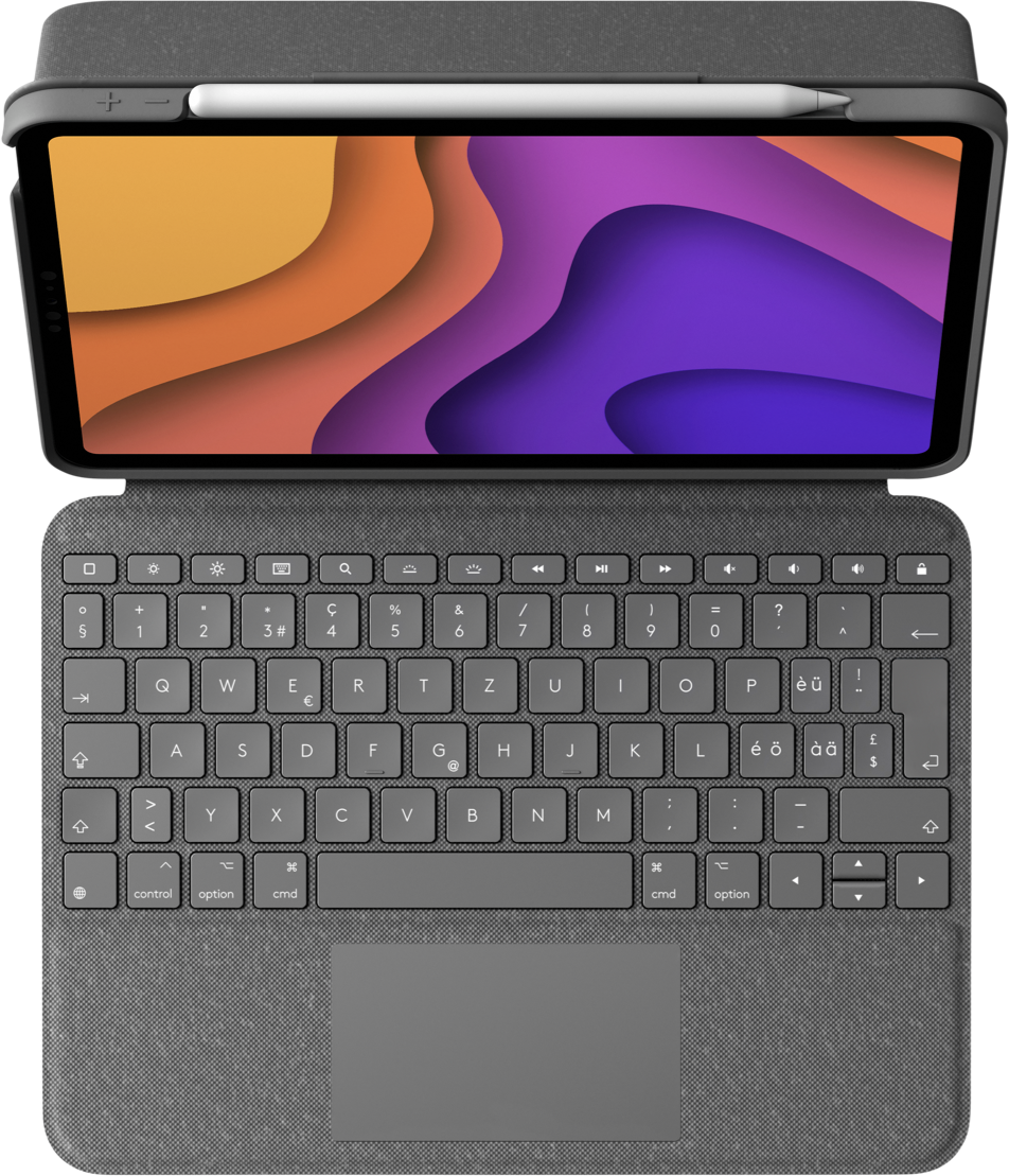 Tablette avec clavier attaché, stylet blanc en haut. Le clavier est gris.