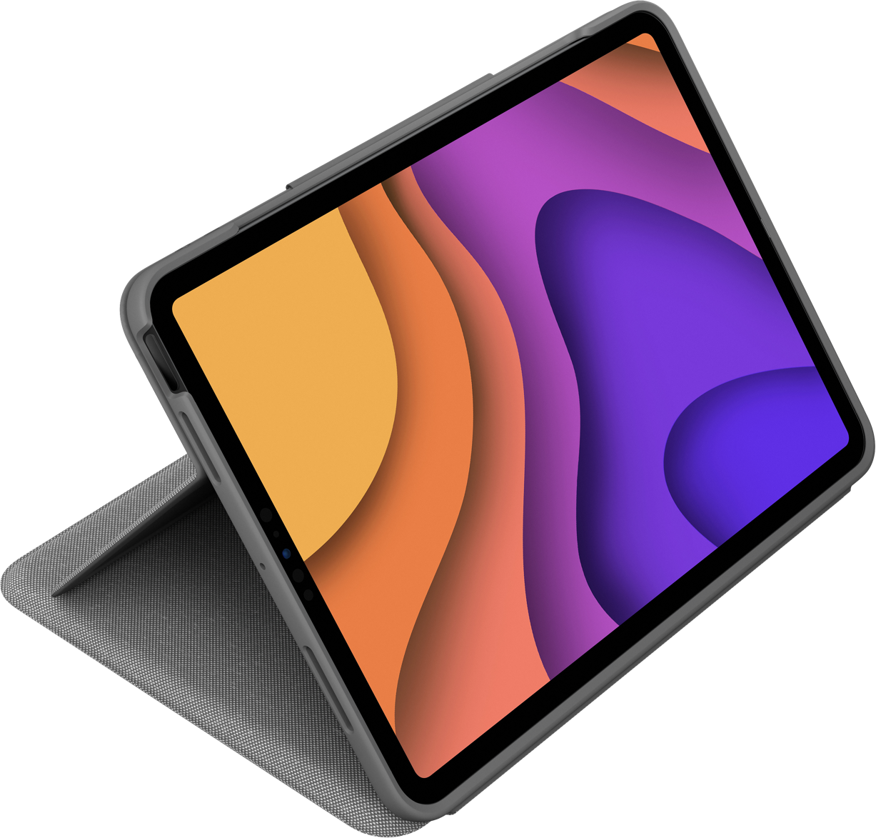 Une tablette grise avec un écran coloré, dans un étui de protection.