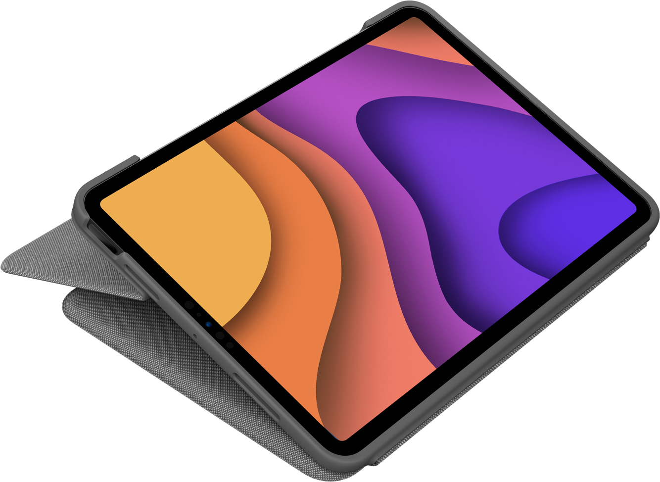 Tablette dans un étui gris, vue en angle. L'écran affiche une image colorée et abstraite.