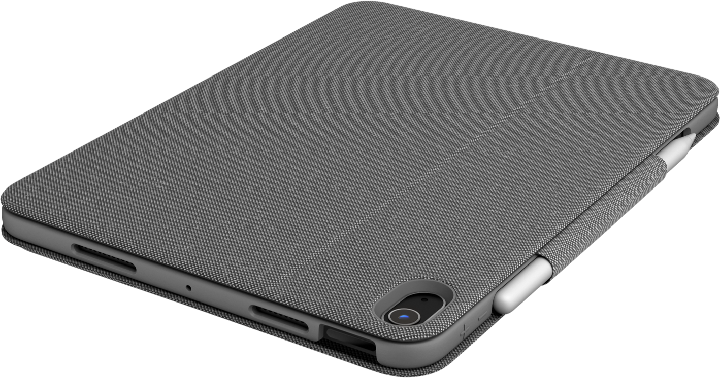 Un iPad dans un étui gris avec un crayon, vu de dos.