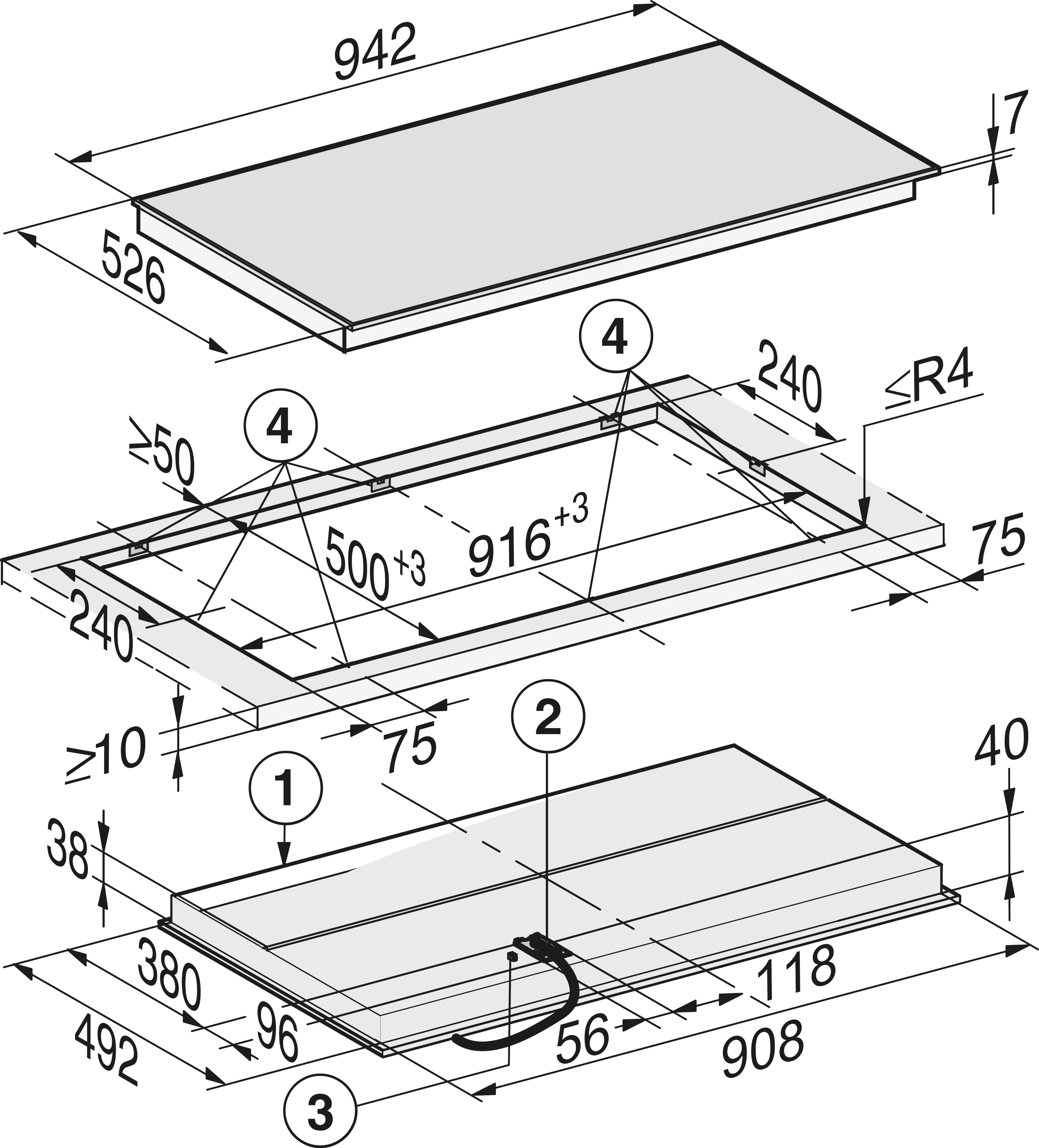 Diagramm eines Einbaukochfelds mit Maßen und Beschriftungen. Weißer Hintergrund.