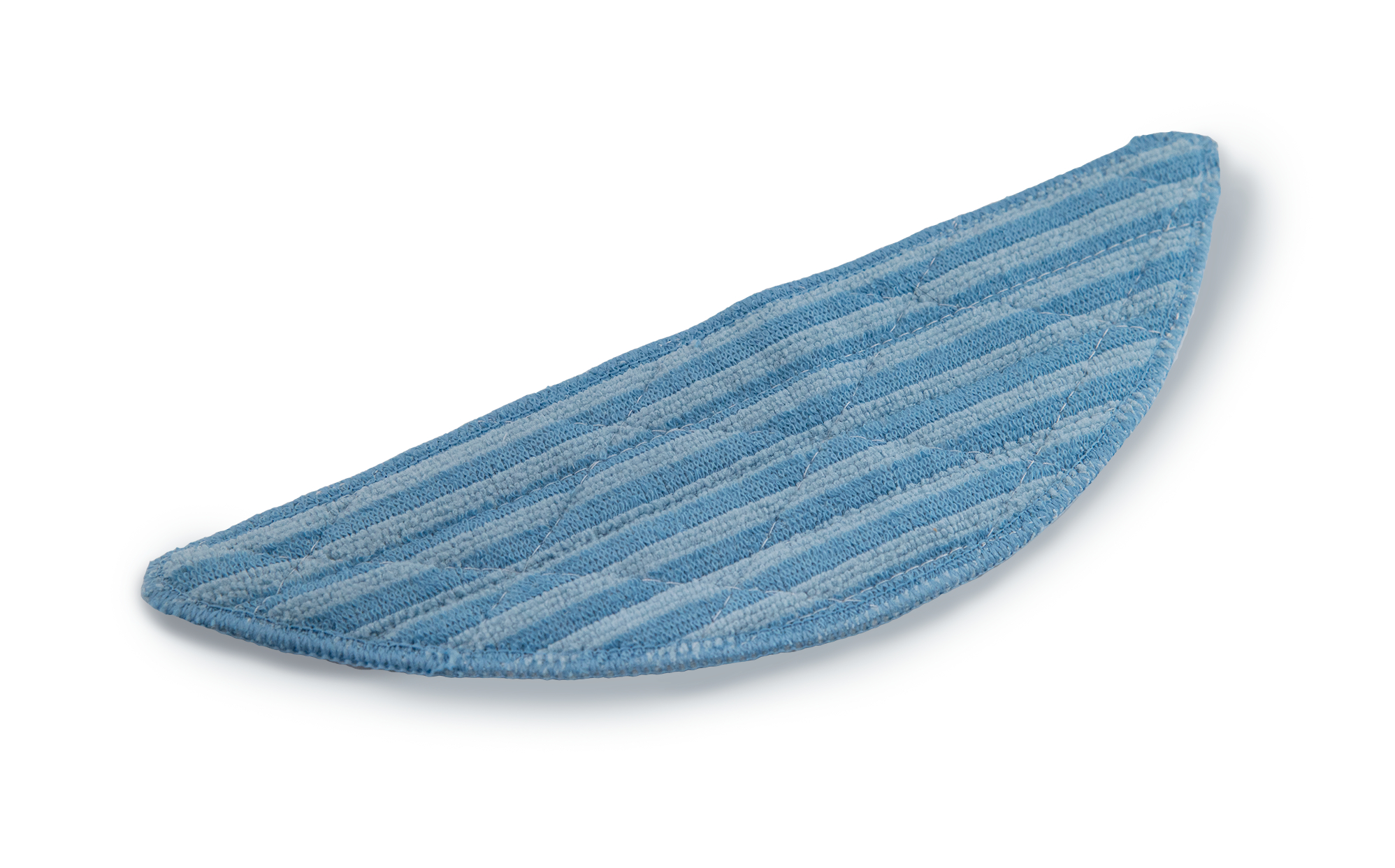 Blaues, halbmondförmiges Mopp-Pad mit strukturierter Oberfläche, auf weißem Hintergrund.