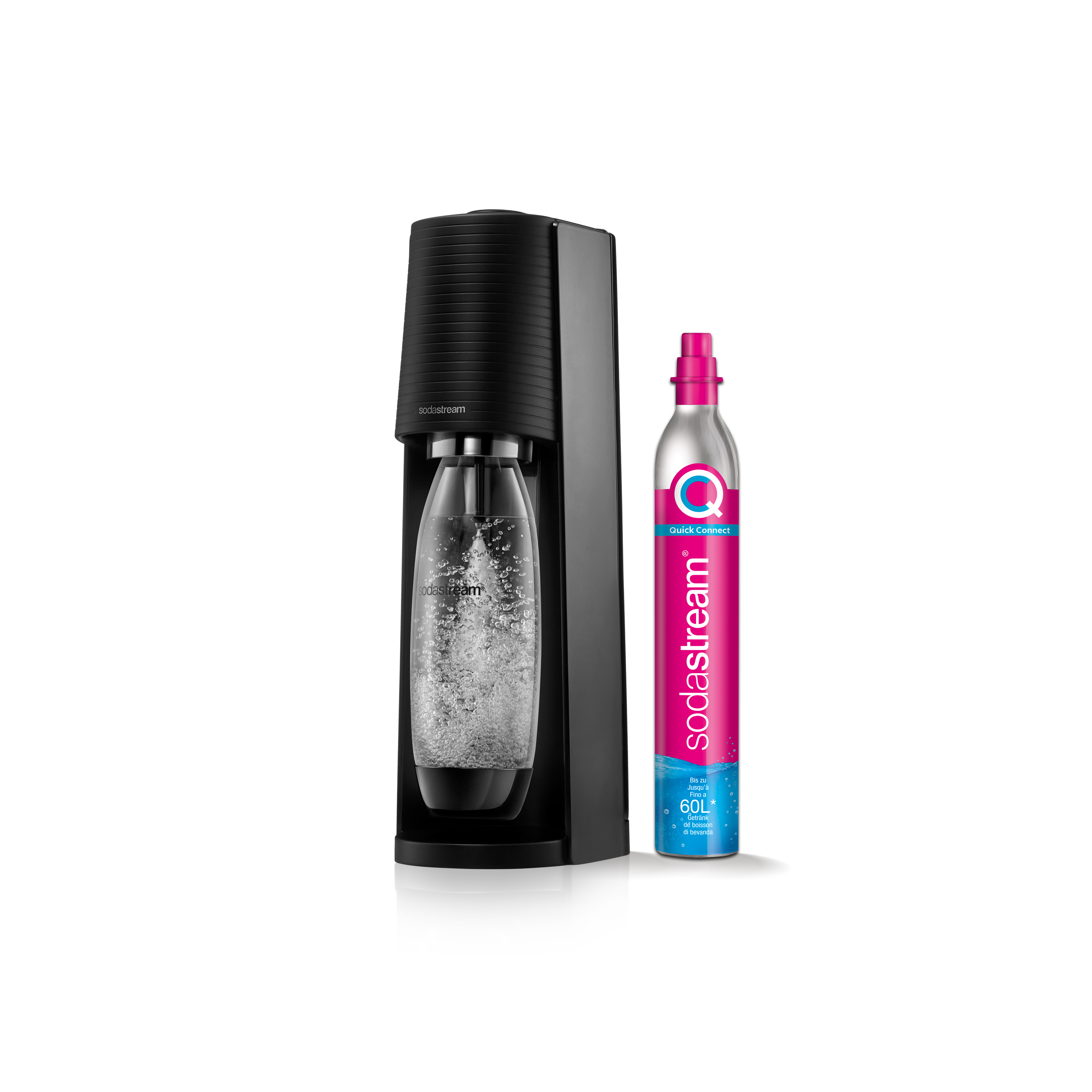 Schwarze SodaStream-Maschine mit Wasserflasche und rosa Gaszylinder, auf weißem Hintergrund.