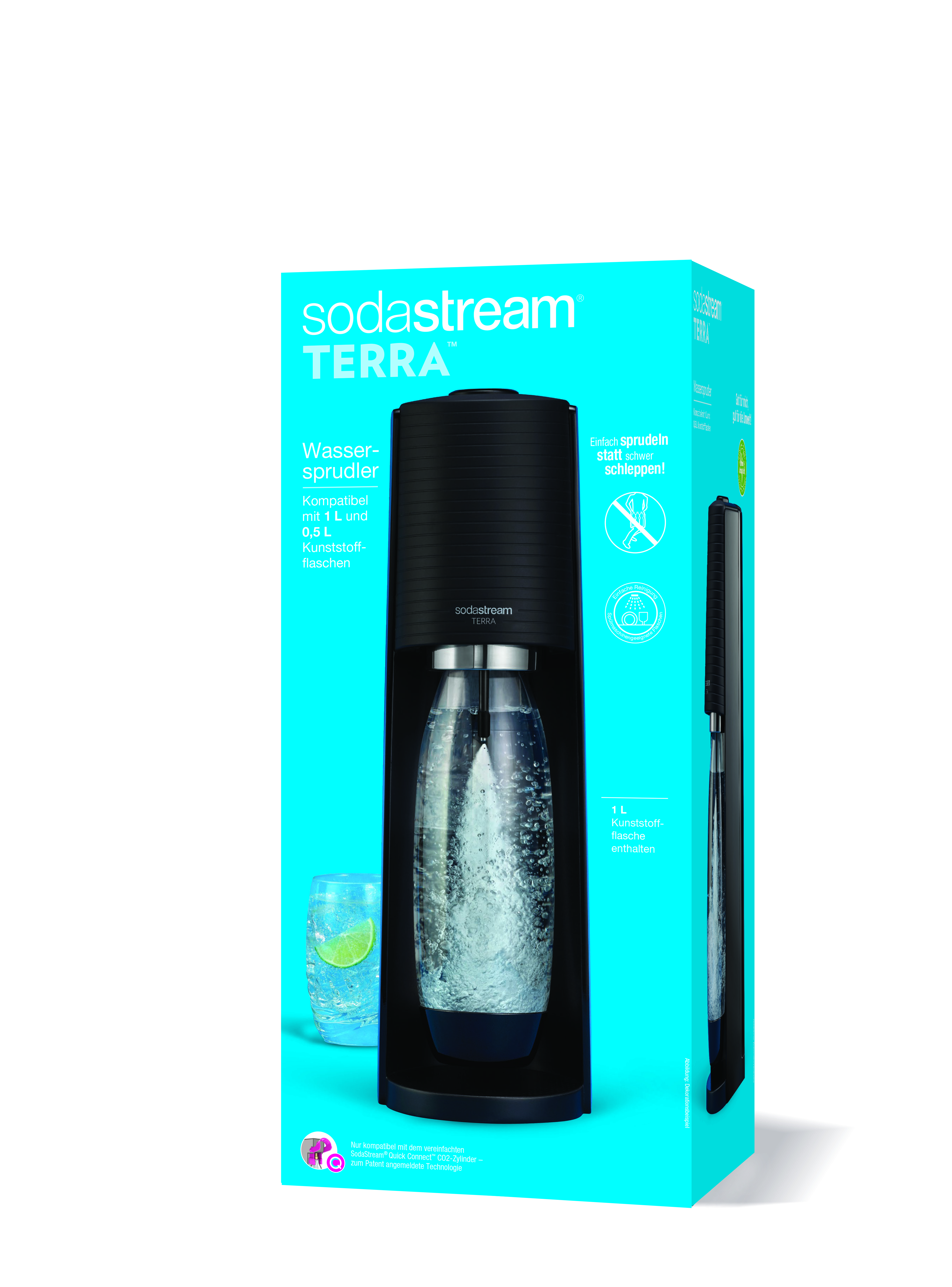 SodaStream Terra Box mit einer schwarzen Maschine und einem Glas Wasser mit Zitrone davor.