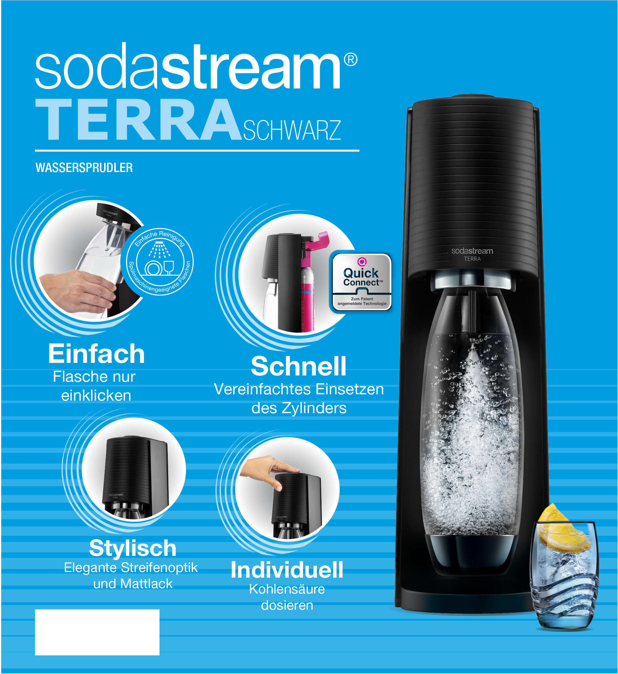 Schwarze SodaStream-Maschine mit einem Glas und Text dazu. Verfügt über ein schwarz-weißes Design.