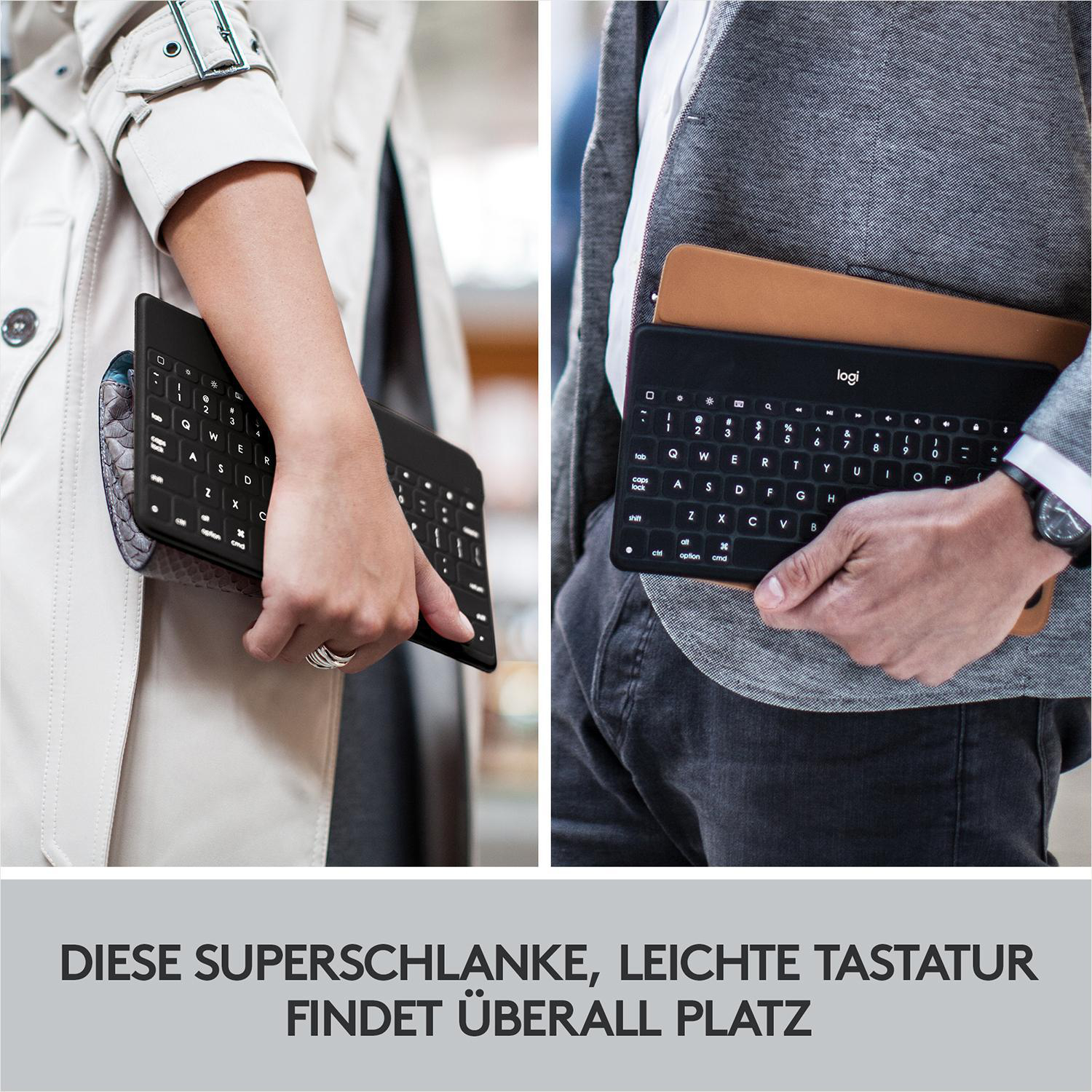 Zwei Personen halten eine schwarze Tastatur. Text unten: 'DIESE SUPERSCHLANKE, LEICHTE TASTATUR FINDET ÜBERALL PLATZ'.