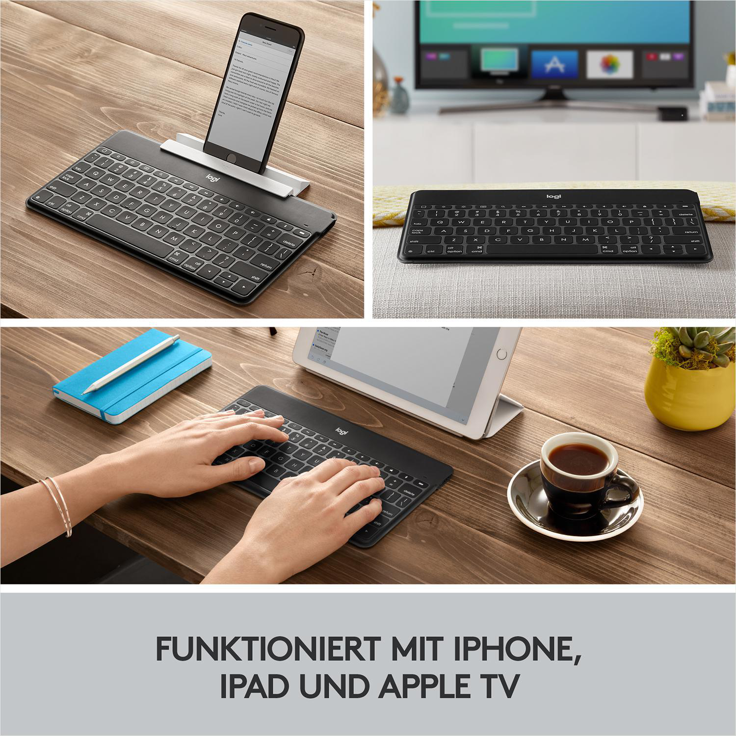 Verschiedene Setups mit einer schwarzen Tastatur, Telefon und Tablet. Die Tastatur ist verbunden.