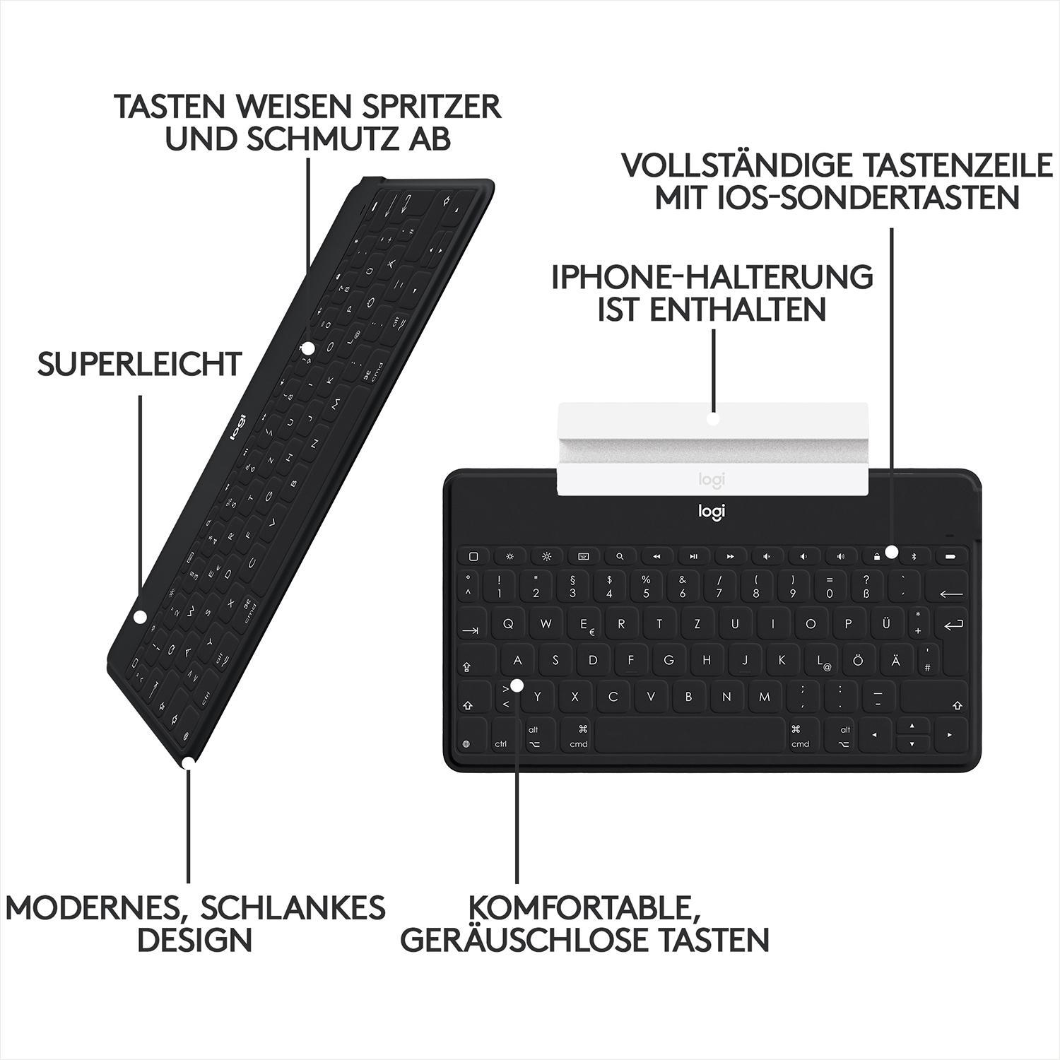 Zwei Tastaturen. Eine ist eine detaillierte Ansicht. Text ist auf Deutsch. Weißer iPhone-Halter enthalten.