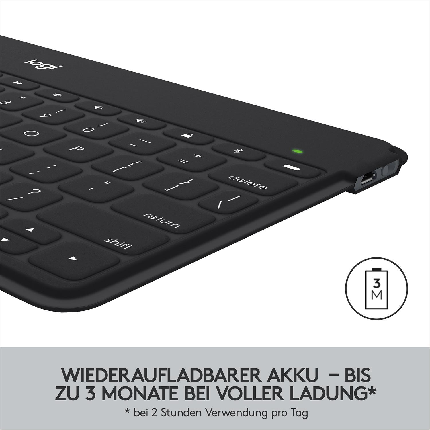 Schwarze Tastatur mit weißen Tasten, Text unten besagt Akkulaufzeit.
