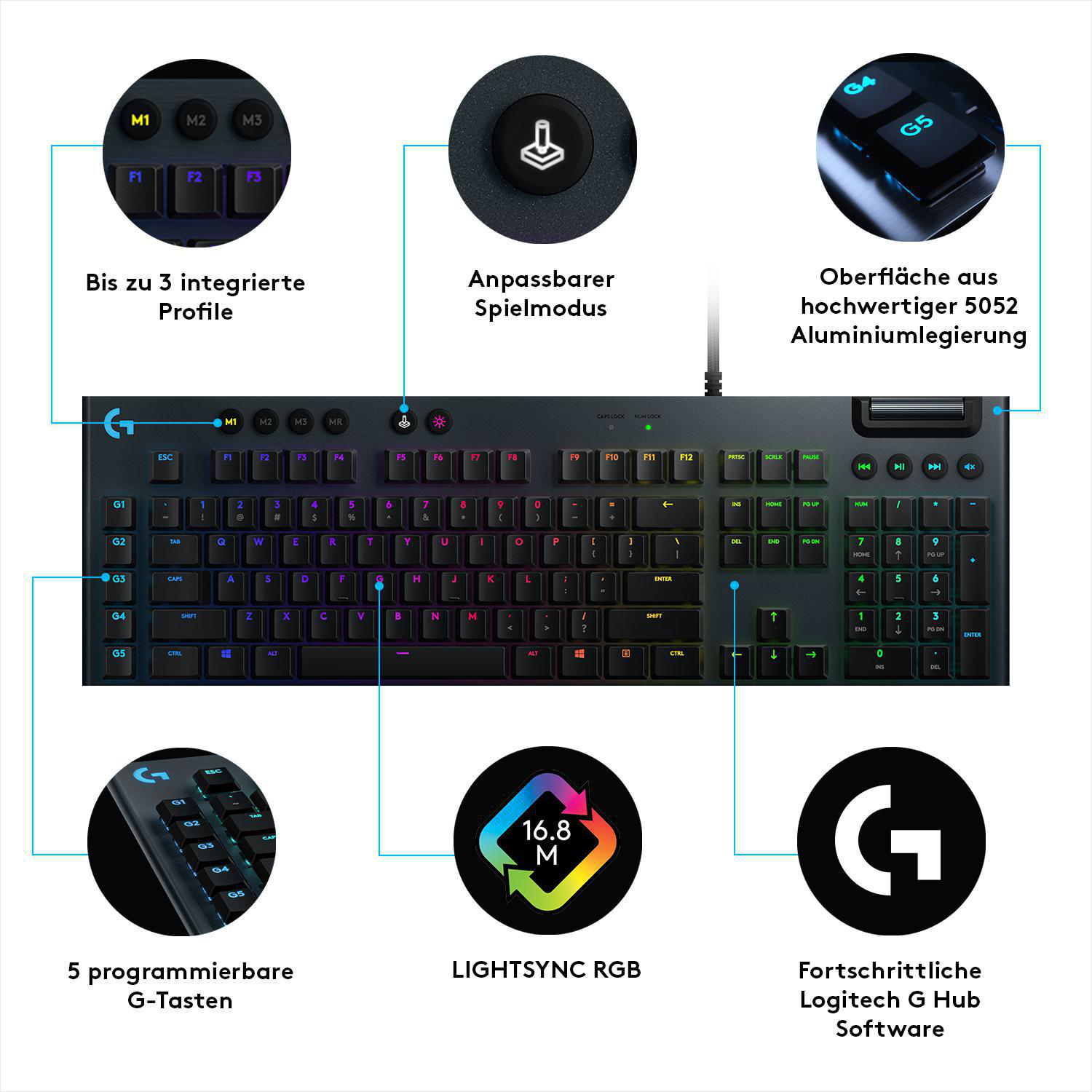 LOGITECH 920-009001 G815 Lightsync RGB, Tastatur, Mechanisch, Logitech Romer G Linear, kabelgebunden, Schwarz