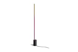 A long, slender floor lamp with a black base and a vertical light strip that fades from yellow to pink.