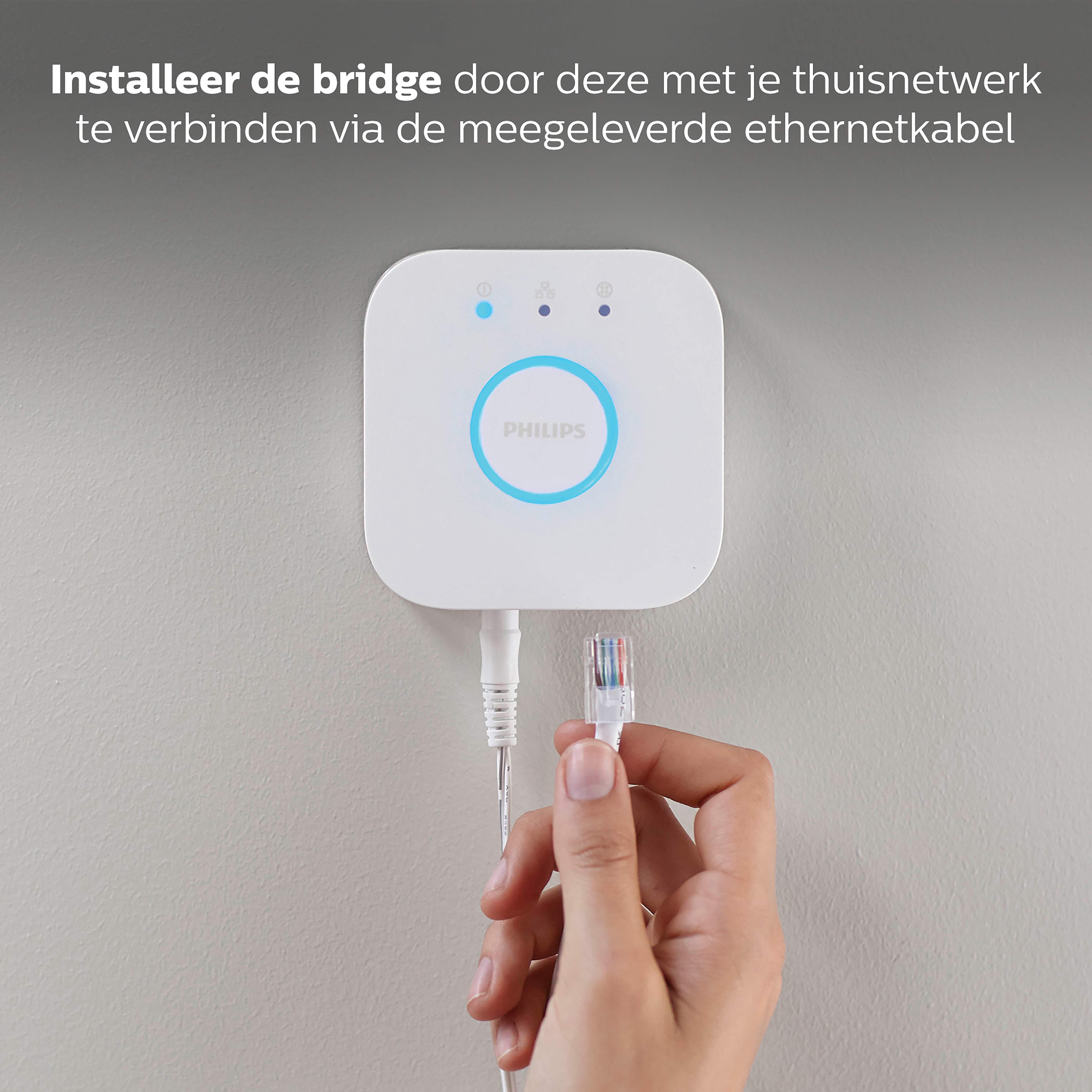 Witte Philips bridge, met aangesloten Ethernet-kabel.