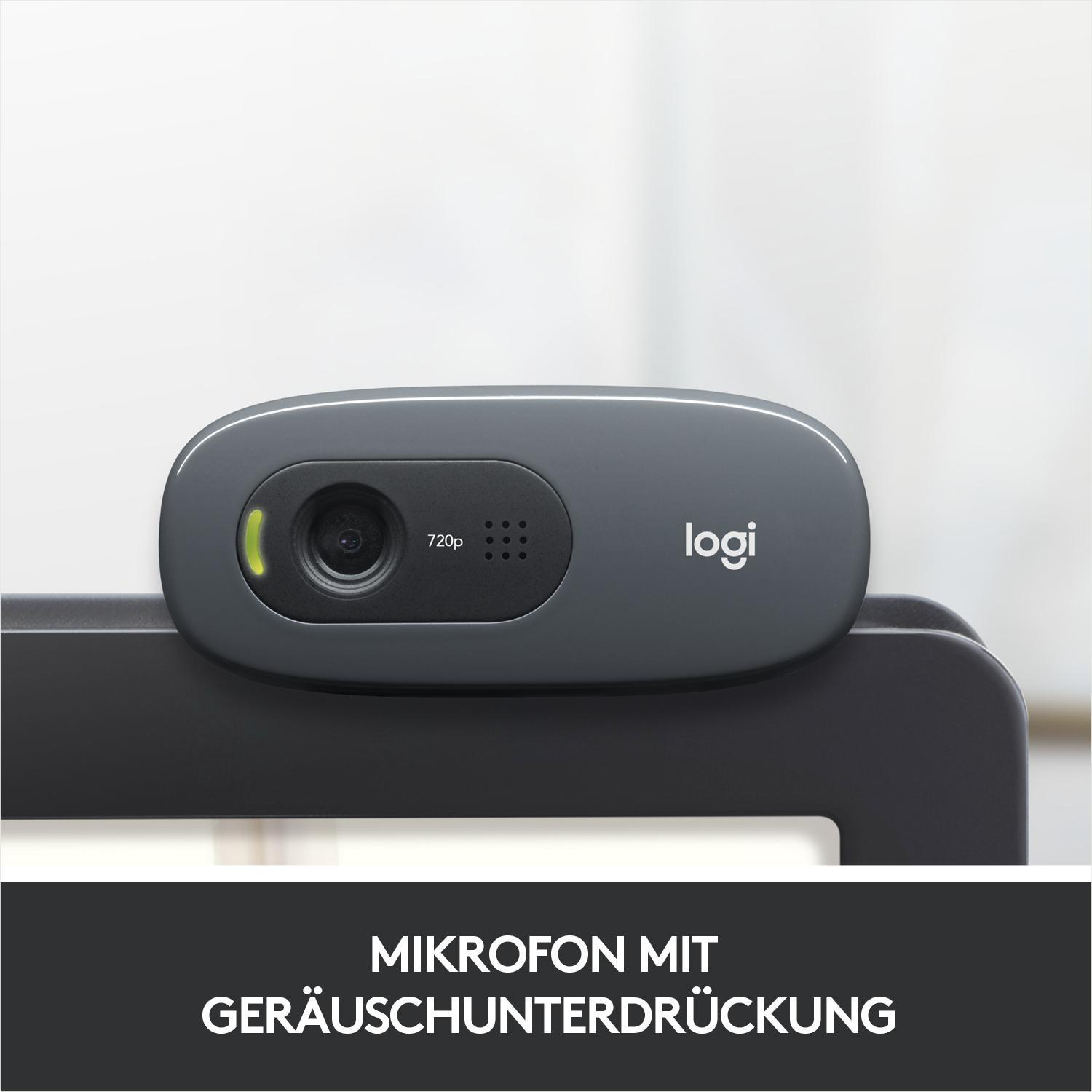Graue Logitech Webcam mit 720p Auflösung auf einem Monitor.