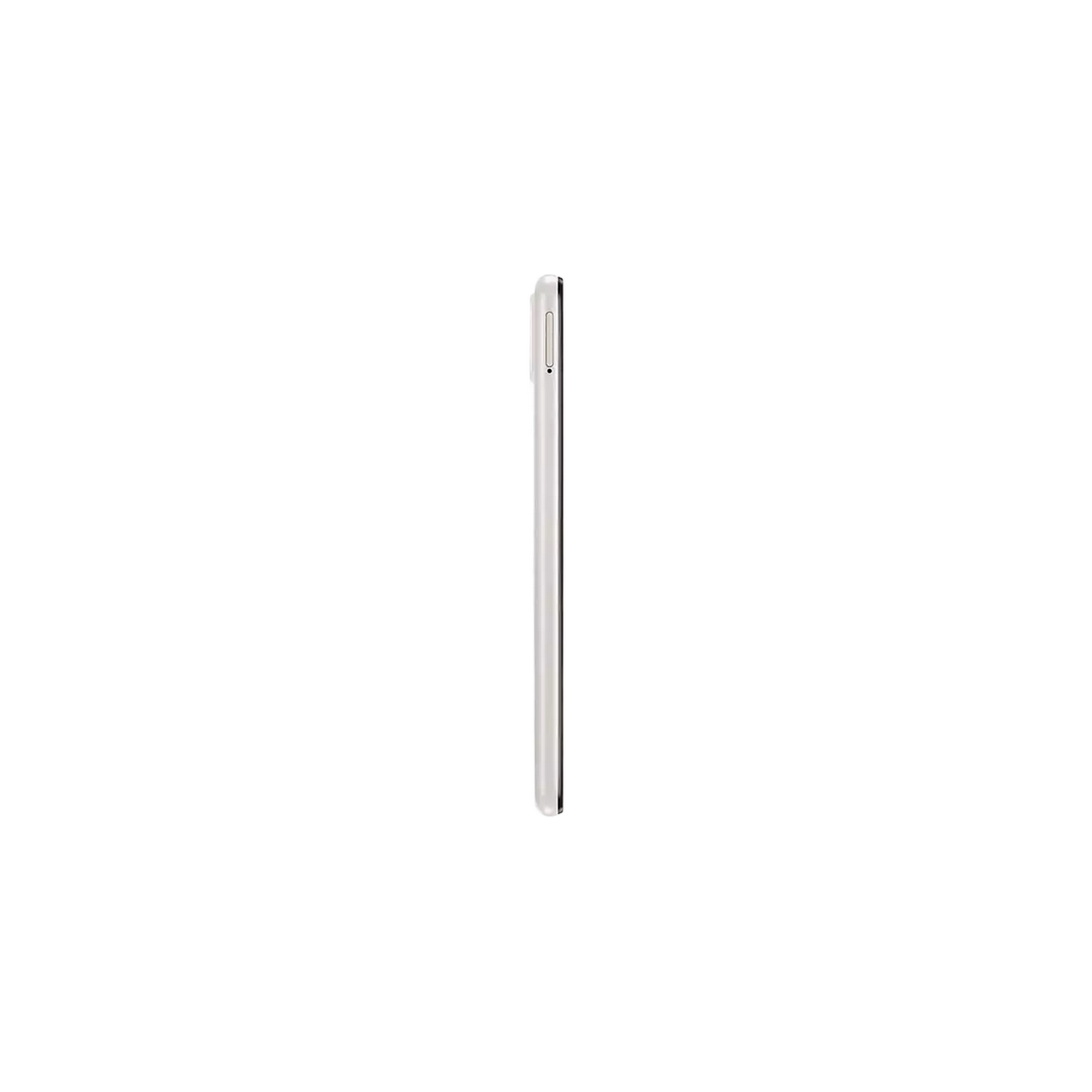 Un teléfono blanco, visto de lado, sobre un fondo blanco.