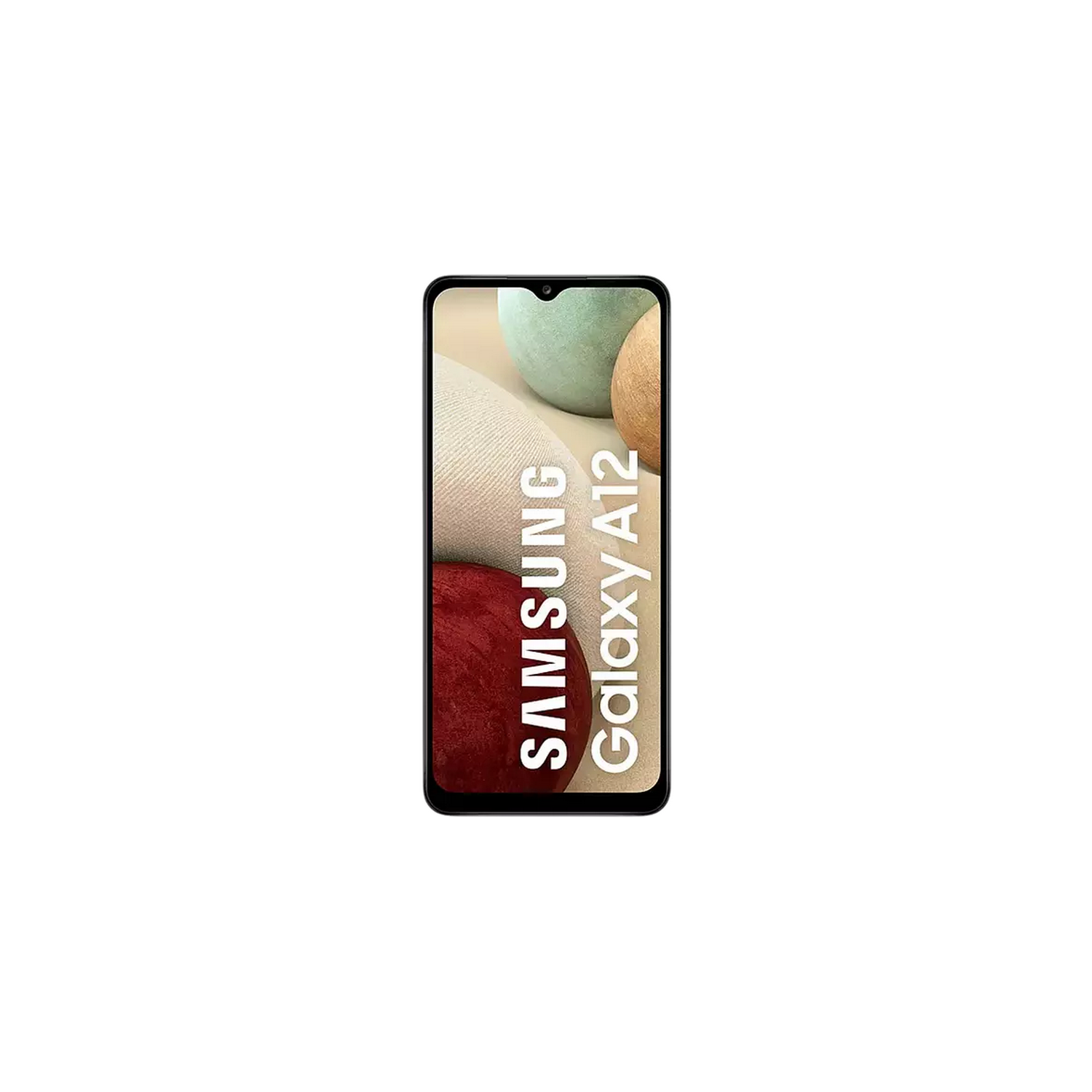 Un smartphone con pantalla negra y las palabras 'SAMSUNG Galaxy A12'.