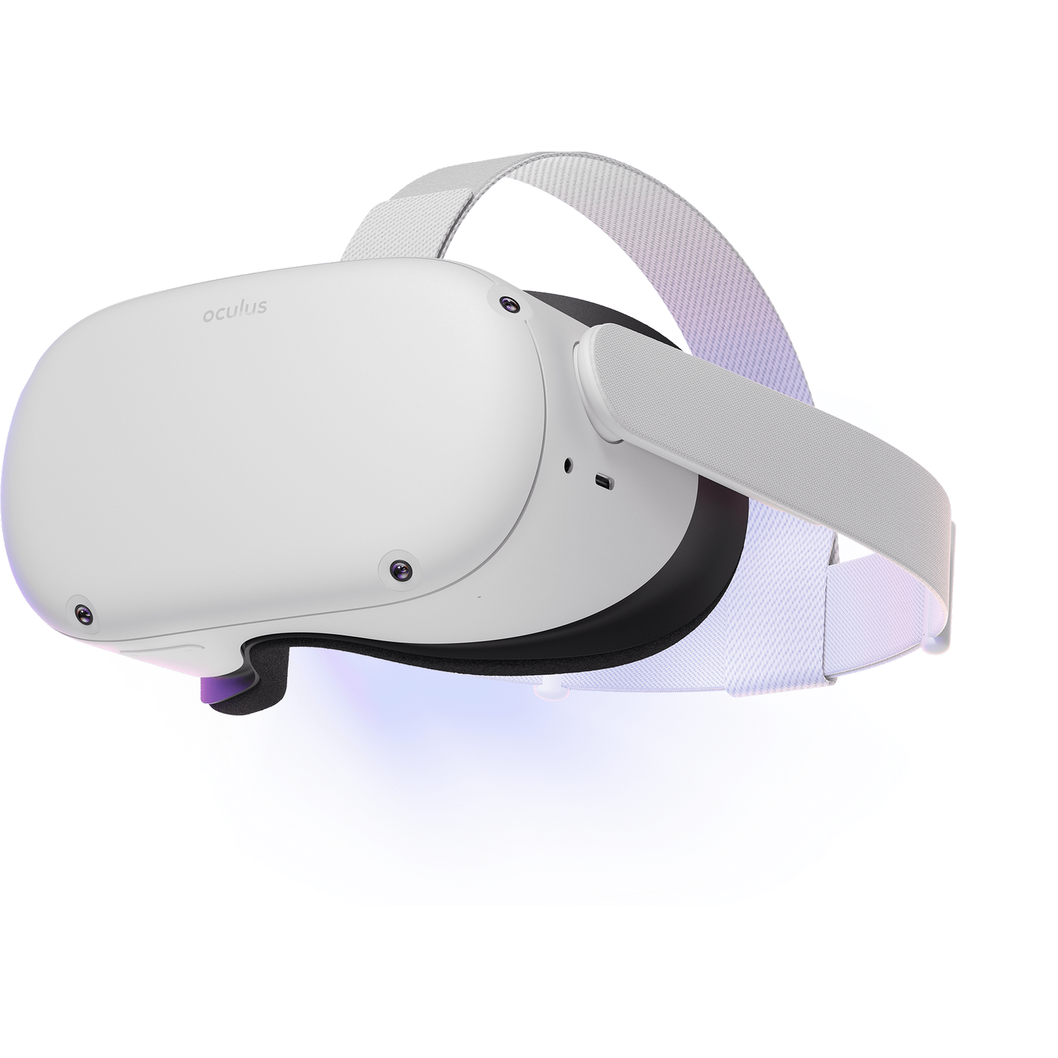 Auriculares de realidad virtual Oculus blancos con cubierta facial negra, flotando sobre un fondo blanco.