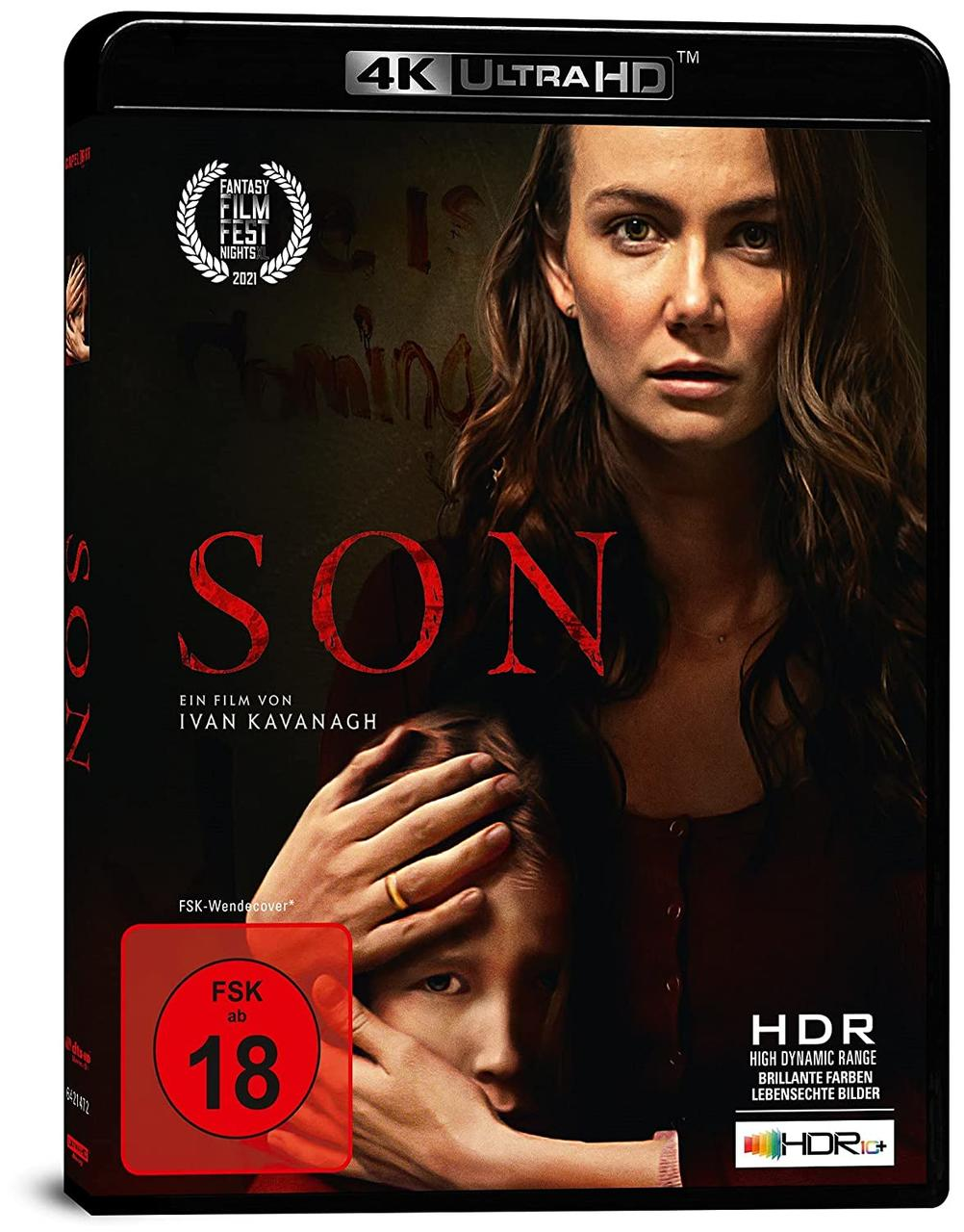 Eine DVD-Hülle mit einem Filmplakat: eine Frau und ein Kind. Der Titel ist 'Son', Bewertung 18.